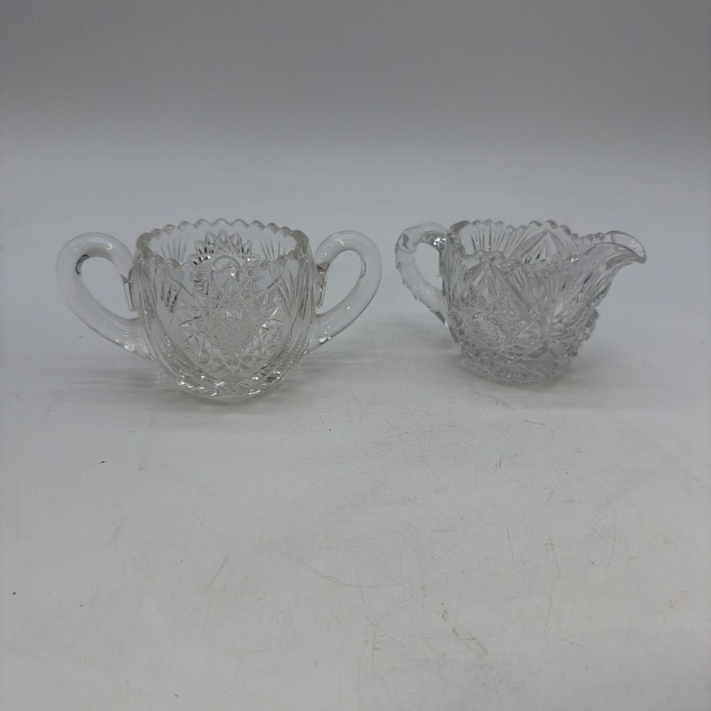 Antique American Brilliant Cut Glass Double Handled Creamer and Sugar Excellent